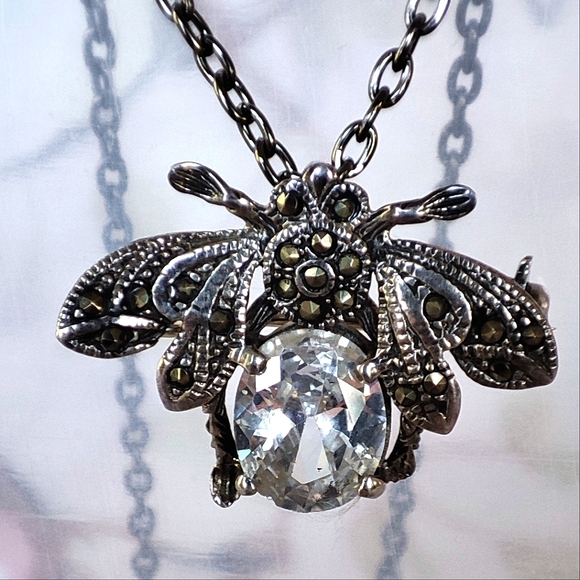 Bee Sterling 925 Signed Clear Cubic Zirconia Brooch Pendant Bug Insect Fly - Picture 1 of 14